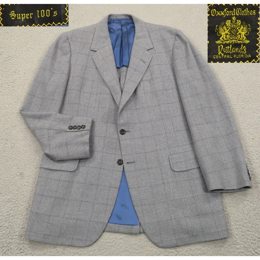 Oxxford Clothes Blazer 44L Super 100s Wool Windowpane Sport Coat Gray Mens